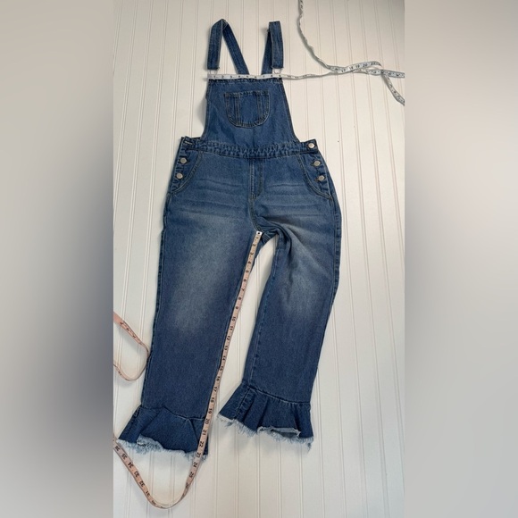 Boohoo Medium Wash Denim Overalls Ruffle Hem K26 - Picture 5 of 7